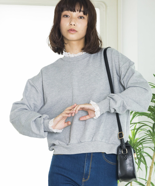 WEGO（ウィゴー）の「WEGO/レースフリルスウェット（スウェット・レディース・ブラック/ダークグリーン/ピンク/杢グレー/キャメル/パープル・FREE）」の3枚目の写真