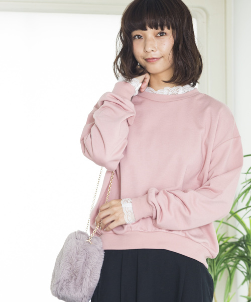 WEGO（ウィゴー）の「WEGO/レースフリルスウェット（スウェット・レディース・ブラック/ダークグリーン/ピンク/杢グレー/キャメル/パープル・FREE）」の6枚目の写真