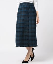 先染めグラフチェック柄フリンジミモレ丈スカート