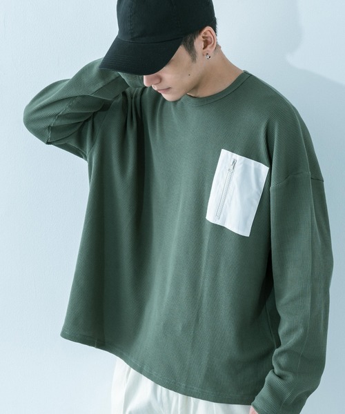 Ressaca(レサーカ)の「ワッフル クルー長袖カットソー ZIPポケット付き(Tシャツ/カットソー・メンズ・アイボリー/ベージュ/グレー/モカ/カーキ/ブラック・M/L/XL)」の6枚目の写真