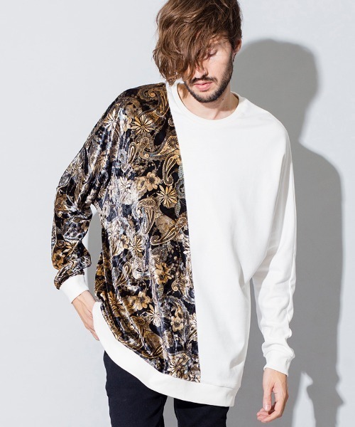 NO ID.(ノーアイディ)の「mlt3256-ベロア切替ドルマンスリーブロンT(Tシャツ/カットソー・メンズ・ホワイト×レッド/ホワイト×ブルー/ブラック×レッド/ブラック×ブルー・ONE SIZE)」の2枚目の写真