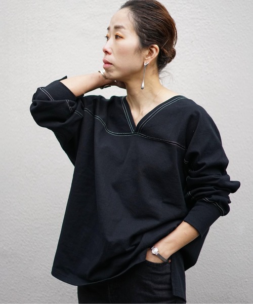 Uncut Bound（アンカットバウンド）の「Uncut Bound(アンカットバウンド) 2WAY 配色ドルマンカットソー（Tシャツ/カットソー・レディース・キナリ/サックスブルー/ブラック・FREE）」の3枚目の写真