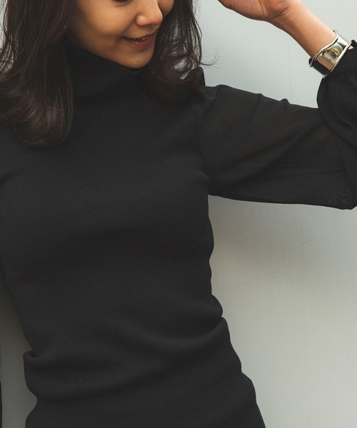 NARACAMICIE（ナラカミーチェ）の「テレコハイネック袖シフォンプルオーバー（Tシャツ/カットソー・レディース・ブラック/ボルドー・MEDIUM）」の2枚目の写真