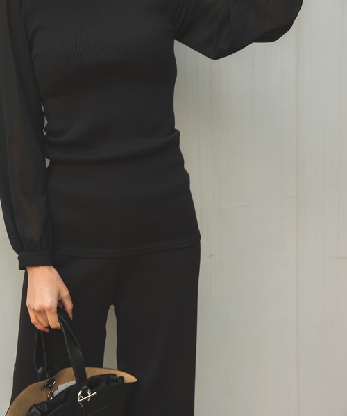 NARACAMICIE（ナラカミーチェ）の「テレコハイネック袖シフォンプルオーバー（Tシャツ/カットソー・レディース・ブラック/ボルドー・MEDIUM）」の7枚目の写真