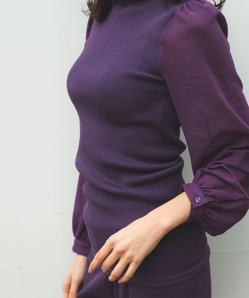 NARACAMICIE（ナラカミーチェ）の「テレコハイネック袖シフォンプルオーバー（Tシャツ/カットソー・レディース・ブラック/ボルドー・MEDIUM）」の6枚目の写真