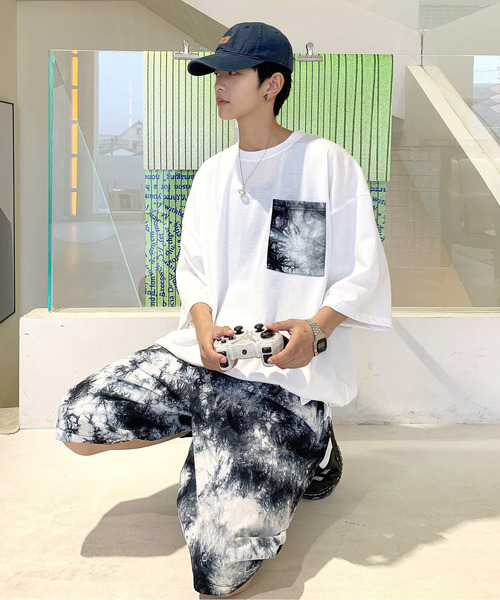 【セール】【neos -addictive design-】ルーズシルエット ムラ染め ポケ付きTシャツ×ハーフパンツ セットアップ（Tシャツ/カットソー）｜neos（ネオス）
