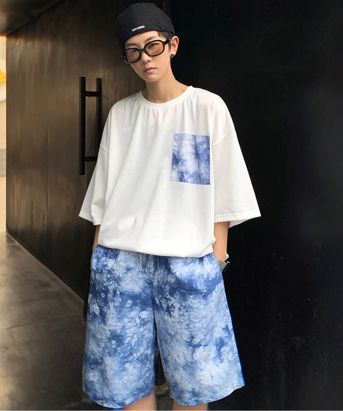 【セール】【neos -addictive design-】ルーズシルエット ムラ染め ポケ付きTシャツ×ハーフパンツ セットアップ（Tシャツ/カットソー）｜neos（ネオス）