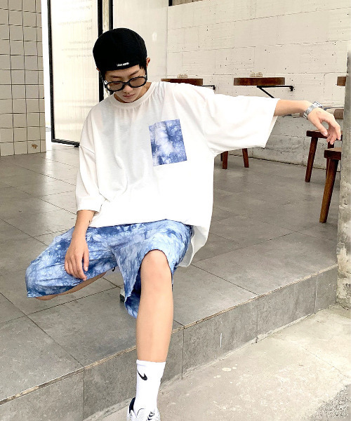 【セール】【neos -addictive design-】ルーズシルエット ムラ染め ポケ付きTシャツ×ハーフパンツ セットアップ（Tシャツ/カットソー）｜neos（ネオス）