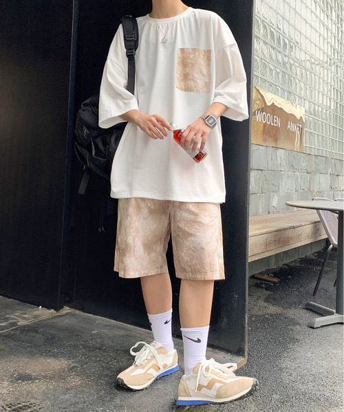 【セール】【neos -addictive design-】ルーズシルエット ムラ染め ポケ付きTシャツ×ハーフパンツ セットアップ（Tシャツ/カットソー）｜neos（ネオス）