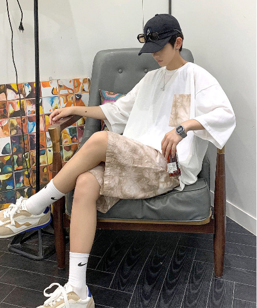 【セール】【neos -addictive design-】ルーズシルエット ムラ染め ポケ付きTシャツ×ハーフパンツ セットアップ（Tシャツ/カットソー）｜neos（ネオス）