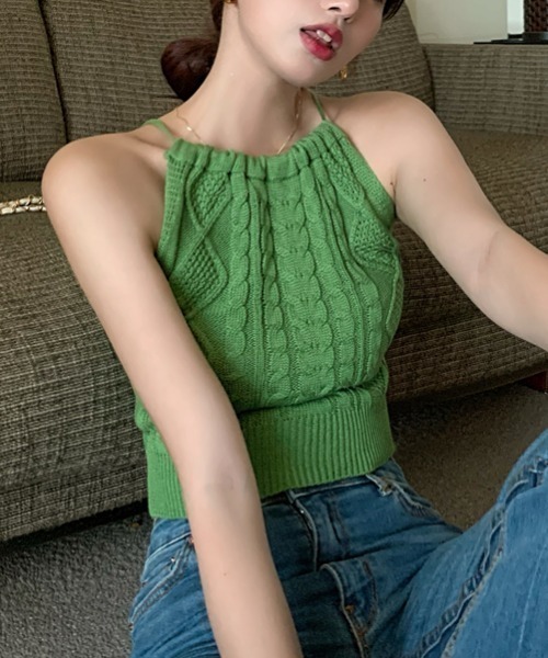 MANGROVE（マングローブ）の「バックオープン ケーブルニットホルターネックタンク（タンクトップ・レディース・ブラック/グリーン/アイボリー・FREE）」の3枚目の写真