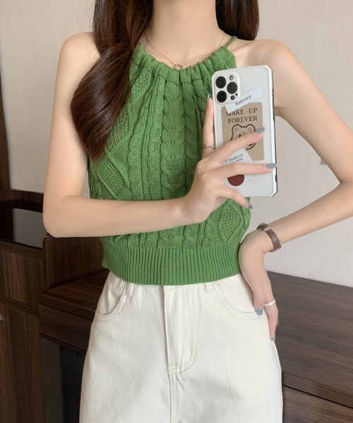 MANGROVE（マングローブ）の「バックオープン ケーブルニットホルターネックタンク（タンクトップ・レディース・ブラック/グリーン/アイボリー・FREE）」の6枚目の写真