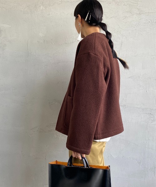 DANTON（ダントン）の「[DANTON/ダントン] ウールライトパイル ノーカラーショートジャケット（ノーカラージャケット・レディース・ベージュ/ブラウン/ネイビー・38/36）」の12枚目の写真