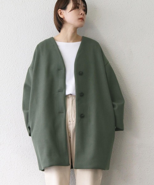 notch.（ノッチ）の「ノーカラーミドルコート（ノーカラーコート・レディース・オフホワイト/ブラック/ダークブラウン/グリーン・M）」の4枚目の写真