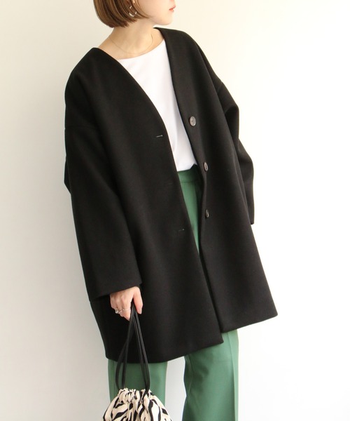 notch.（ノッチ）の「ノーカラーミドルコート（ノーカラーコート・レディース・オフホワイト/ブラック/ダークブラウン/グリーン・M）」の2枚目の写真