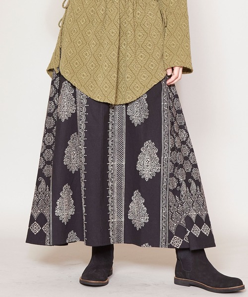 チャイハネ（チャイハネ）の「【チャイハネ】ブロックプリント ビブレスカート（スカート・レディース・ホワイト/ブラウン/ブラック・FREE）」の3枚目の写真