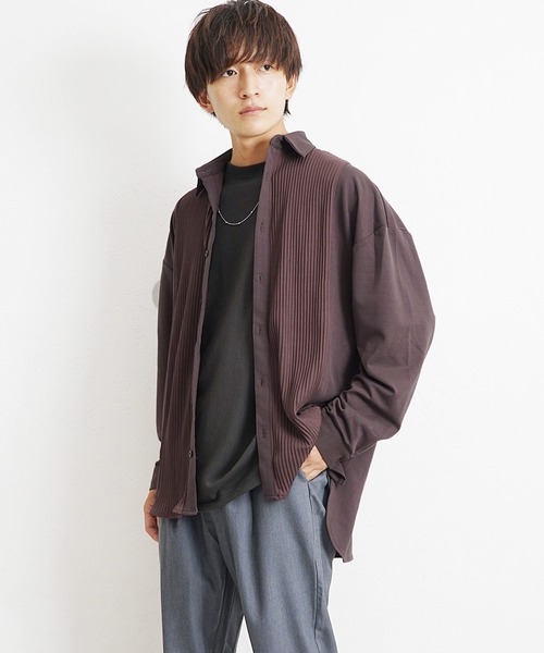 MinoriTY(マイノリティ)の「【MinoriTY】とろみ素材プリーツ切替長袖シャツ オーバーサイズ メンズ【セットアップ対応】(シャツ/ブラウス・メンズ・ネイビー/カーキ/ワイン/チャコール・M/L)」の4枚目の写真