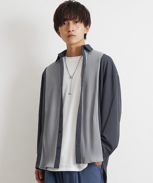 MinoriTY(マイノリティ)の「【MinoriTY】とろみ素材プリーツ切替長袖シャツ オーバーサイズ メンズ【セットアップ対応】(シャツ/ブラウス・メンズ・ネイビー/カーキ/ワイン/チャコール・M/L)」の2枚目の写真