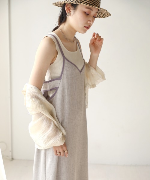 Bab（バブ）の「配色パイピングリボンキャミワンピース（ワンピース・レディース・ブラック/ベージュ/パープル・M）」の5枚目の写真