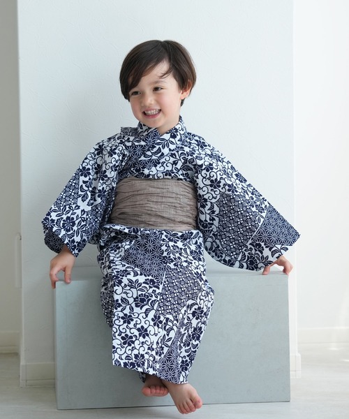 キッズ浴衣3点セット 男の子 utatane×注染工房 紺の裂取（浴衣