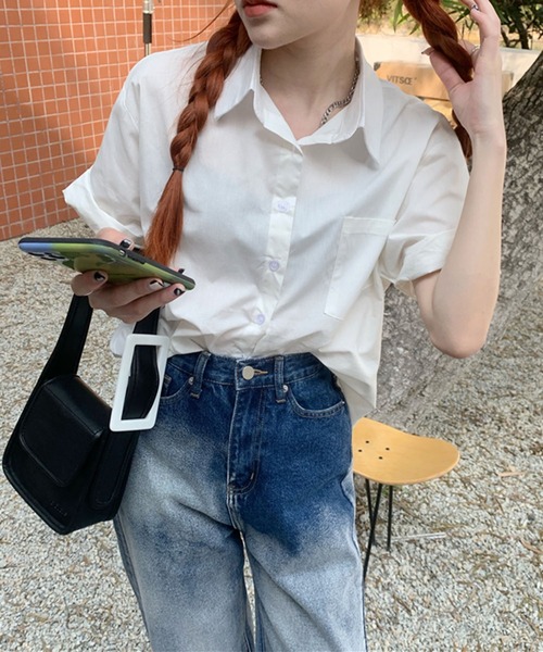 me+em select（ミームセレクト）の「【 ５色展開 】半袖ロールアップカラーコットンシャツ（シャツ/ブラウス・レディース・ホワイト/ライトブルー/パープル/グリーン/ライトイエロー・FREE）」の17枚目の写真