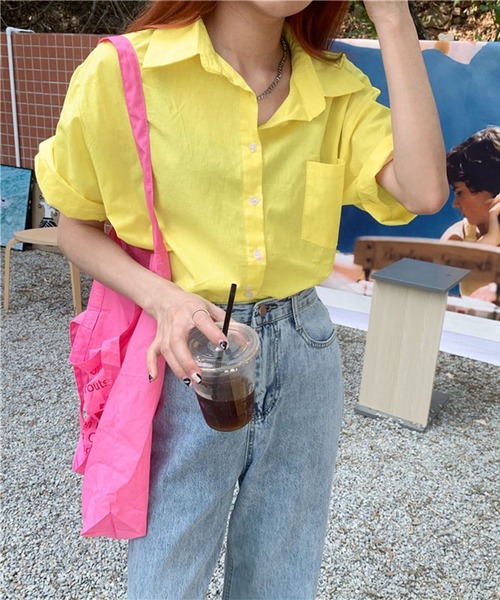 me+em select（ミームセレクト）の「【 ５色展開 】半袖ロールアップカラーコットンシャツ（シャツ/ブラウス・レディース・ホワイト/ライトブルー/パープル/グリーン/ライトイエロー・FREE）」の21枚目の写真