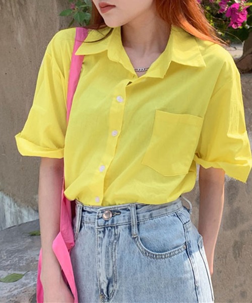 me+em select（ミームセレクト）の「【 ５色展開 】半袖ロールアップカラーコットンシャツ（シャツ/ブラウス・レディース・ホワイト/ライトブルー/パープル/グリーン/ライトイエロー・FREE）」の6枚目の写真