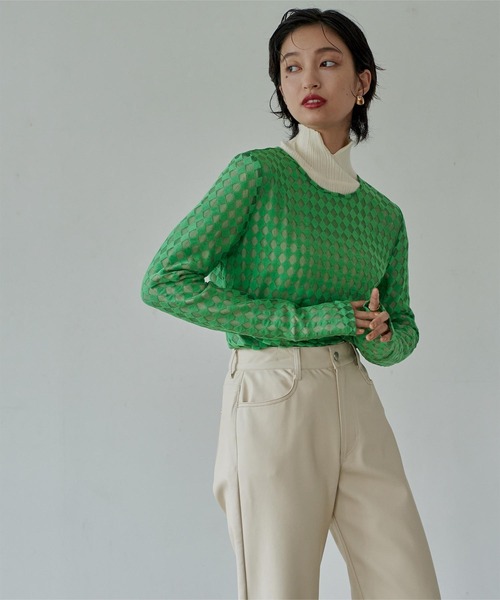 miette（ミエット）の「ﾀﾞｲﾔ柄ｸﾙｰﾈｯｸｼｱｰﾄｯﾌﾟｽ（Tシャツ/カットソー・レディース・ホワイト/ブラック/グリーン・FREE）」の3枚目の写真