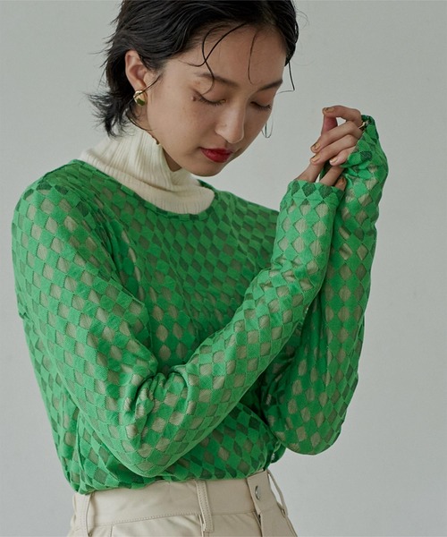 miette（ミエット）の「ﾀﾞｲﾔ柄ｸﾙｰﾈｯｸｼｱｰﾄｯﾌﾟｽ（Tシャツ/カットソー・レディース・ホワイト/ブラック/グリーン・FREE）」の7枚目の写真