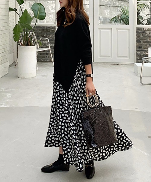 LOPASS（ロパス）の「レイヤード風　異素材ドッキングワンピース（ワンピース・レディース・ブラック/ネイビー・M/L/XX-LARGE/XL）」の6枚目の写真