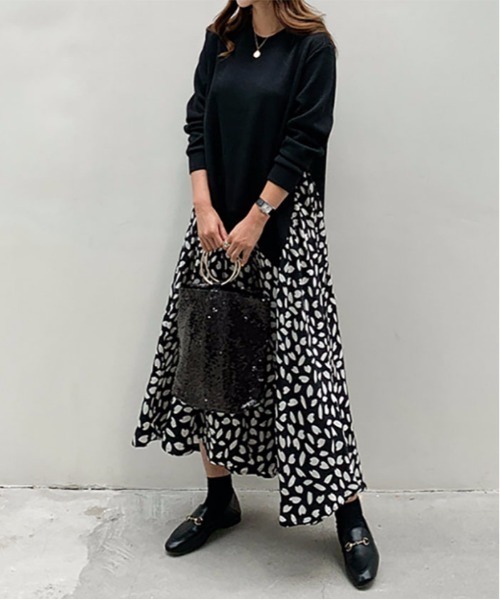 LOPASS（ロパス）の「レイヤード風　異素材ドッキングワンピース（ワンピース・レディース・ブラック/ネイビー・M/L/XX-LARGE/XL）」の4枚目の写真