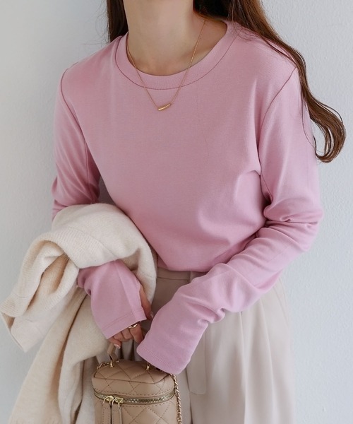 andme(アンドミー)の「吸湿発熱/抗菌防臭ジンジャーフライス指穴クルーネック長袖トップス(Tシャツ/カットソー・レディース・ブラック/オフホワイト/チャコールグレー/ベージュ系その他/ピンク/オレンジ/ライトパープル/ライム/ブルー/アイボリー・M)」の9枚目の写真