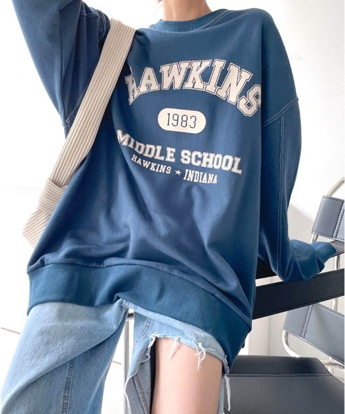 Dalfwin(ダールフィン)の「2022 AW 秋冬 韓国ファッション スウェット レディース HAWKINSプリントスウェット トレーナー ビッグシルエット オーバーサイズ ロゴプリント(スウェット・レディース・ブラック/ネイビー/グレー/ホワイト系その他・FREE)」の4枚目の写真