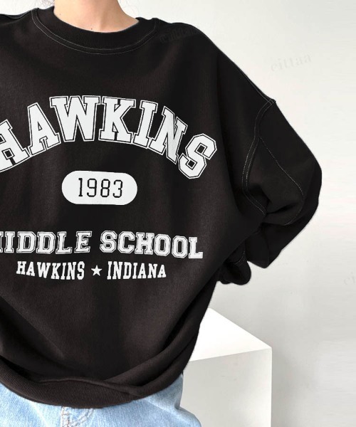 Dalfwin(ダールフィン)の「2022 AW 秋冬 韓国ファッション スウェット レディース HAWKINSプリントスウェット トレーナー ビッグシルエット オーバーサイズ ロゴプリント(スウェット・レディース・ブラック/ネイビー/グレー/ホワイト系その他・FREE)」の21枚目の写真