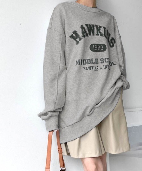 Dalfwin(ダールフィン)の「2022 AW 秋冬 韓国ファッション スウェット レディース HAWKINSプリントスウェット トレーナー ビッグシルエット オーバーサイズ ロゴプリント(スウェット・レディース・ブラック/ネイビー/グレー/ホワイト系その他・FREE)」の8枚目の写真