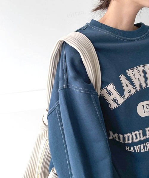 Dalfwin(ダールフィン)の「2022 AW 秋冬 韓国ファッション スウェット レディース HAWKINSプリントスウェット トレーナー ビッグシルエット オーバーサイズ ロゴプリント(スウェット・レディース・ブラック/ネイビー/グレー/ホワイト系その他・FREE)」の22枚目の写真