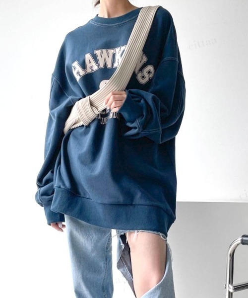 Dalfwin(ダールフィン)の「2022 AW 秋冬 韓国ファッション スウェット レディース HAWKINSプリントスウェット トレーナー ビッグシルエット オーバーサイズ ロゴプリント(スウェット・レディース・ブラック/ネイビー/グレー/ホワイト系その他・FREE)」の11枚目の写真