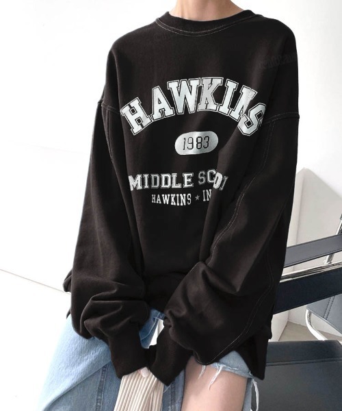 Dalfwin(ダールフィン)の「2022 AW 秋冬 韓国ファッション スウェット レディース HAWKINSプリントスウェット トレーナー ビッグシルエット オーバーサイズ ロゴプリント(スウェット・レディース・ブラック/ネイビー/グレー/ホワイト系その他・FREE)」の6枚目の写真