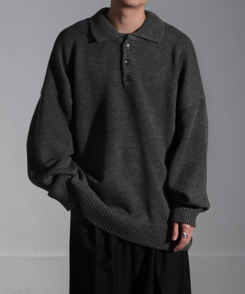 NILWAY（ニルウェイ）の「サイドボタンスリットニットポロシャツ/オーバーサイズ（ポロシャツ・メンズ・ブラック/ネイビー/グレー/ブルー/アイボリー/チャコール/ブラック系/ホワイト/ブルー系/ブラウン/オレンジ/ロイヤルブルー・MEDIUM/LARGE）」の8枚目の写真