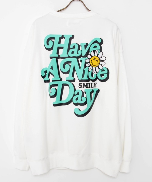 『SMILEY FACE/スマイリーフェイス』フラワースマイリープリント裏毛トレーナー（スウェット）｜SMILEY FACE（スマイリーフェイス）