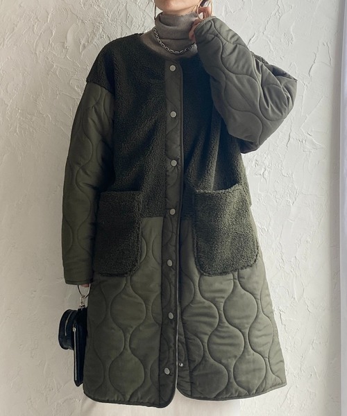 She's Closet（シーズクローゼット）の「中綿ミドル丈ノーカラー切り替えボアキルティングコート（ノーカラーコート・レディース・カーキ/アイボリー/ブラック/ベージュ/グレイッシュベージュ・FREE）」の7枚目の写真