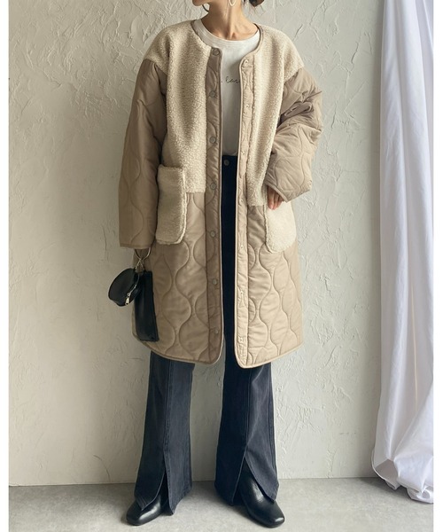 She's Closet（シーズクローゼット）の「中綿ミドル丈ノーカラー切り替えボアキルティングコート（ノーカラーコート・レディース・カーキ/アイボリー/ブラック/ベージュ/グレイッシュベージュ・FREE）」の8枚目の写真