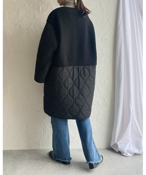 She's Closet（シーズクローゼット）の「中綿ミドル丈ノーカラー切り替えボアキルティングコート（ノーカラーコート・レディース・カーキ/アイボリー/ブラック/ベージュ/グレイッシュベージュ・FREE）」の10枚目の写真