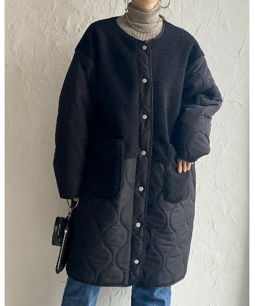 She's Closet（シーズクローゼット）の「中綿ミドル丈ノーカラー切り替えボアキルティングコート（ノーカラーコート・レディース・カーキ/アイボリー/ブラック/ベージュ/グレイッシュベージュ・FREE）」の12枚目の写真