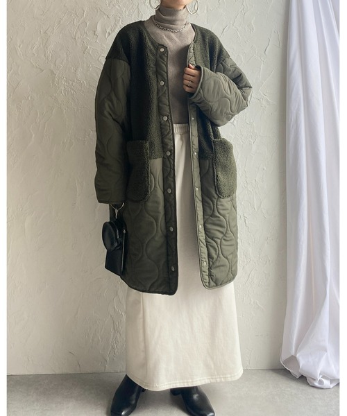 She's Closet（シーズクローゼット）の「中綿ミドル丈ノーカラー切り替えボアキルティングコート（ノーカラーコート・レディース・カーキ/アイボリー/ブラック/ベージュ/グレイッシュベージュ・FREE）」の15枚目の写真