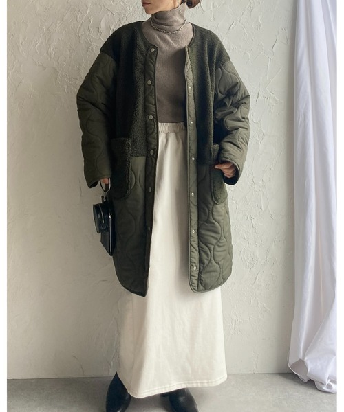 She's Closet（シーズクローゼット）の「中綿ミドル丈ノーカラー切り替えボアキルティングコート（ノーカラーコート・レディース・カーキ/アイボリー/ブラック/ベージュ/グレイッシュベージュ・FREE）」の16枚目の写真