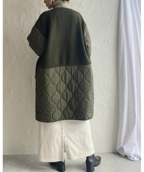 She's Closet（シーズクローゼット）の「中綿ミドル丈ノーカラー切り替えボアキルティングコート（ノーカラーコート・レディース・カーキ/アイボリー/ブラック/ベージュ/グレイッシュベージュ・FREE）」の18枚目の写真