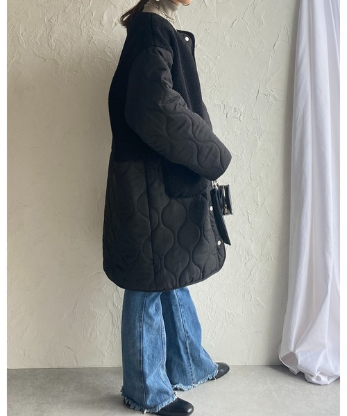 She's Closet（シーズクローゼット）の「中綿ミドル丈ノーカラー切り替えボアキルティングコート（ノーカラーコート・レディース・カーキ/アイボリー/ブラック/ベージュ/グレイッシュベージュ・FREE）」の20枚目の写真