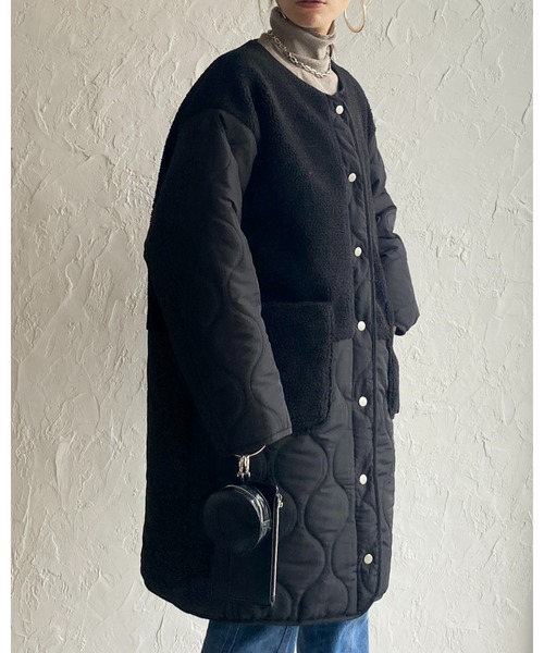 She's Closet（シーズクローゼット）の「中綿ミドル丈ノーカラー切り替えボアキルティングコート（ノーカラーコート・レディース・カーキ/アイボリー/ブラック/ベージュ/グレイッシュベージュ・FREE）」の21枚目の写真