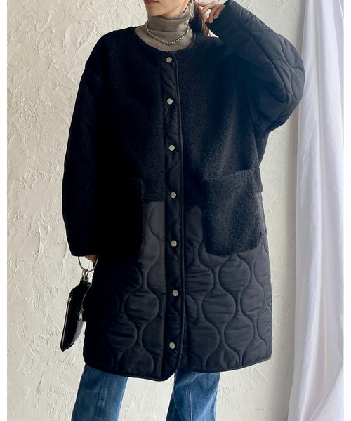 セール】中綿ミドル丈ノーカラー切り替えボアキルティングコート（ノー